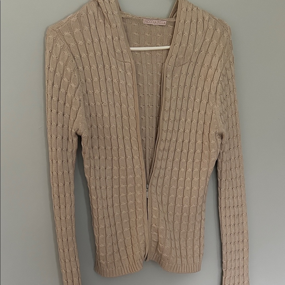 Zip-Front Cable Knit Cardigan in Beige